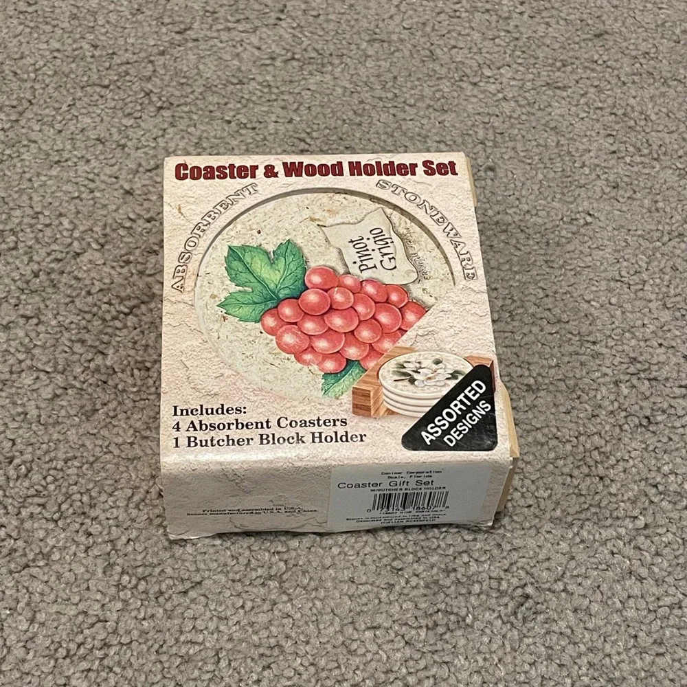 NatureStone Absorbent Coaster & Wood Holder Set Pinot Grigio Varietals